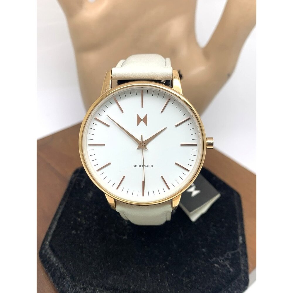 MVMT Women's Watch Boulevard Quartz Rose Gold White Dial Gray Leather Band 38mm